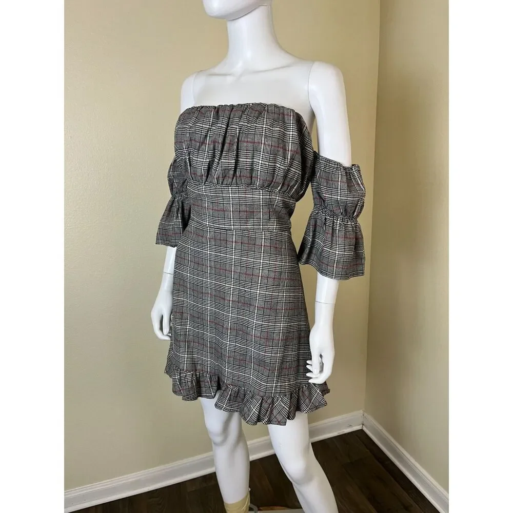 Tularosa Women Size L Angie Gray Plaid Ruffle Mini Dress Preppy Academia Party